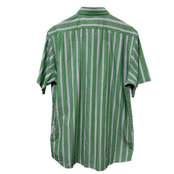 CREMIEUX Mens Classico Shirt Large Short Sleeve Green Stripe Cotton Button Down - Picture 3 of 8